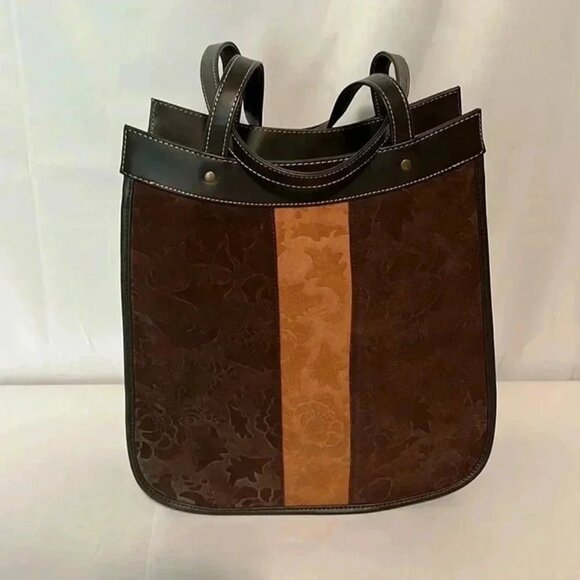 TOTE HANDBAG TWO TONE SUEDE EMBOSSED FLORAL PATTERN DOUBLE HANDLES - Picture 1 of 7